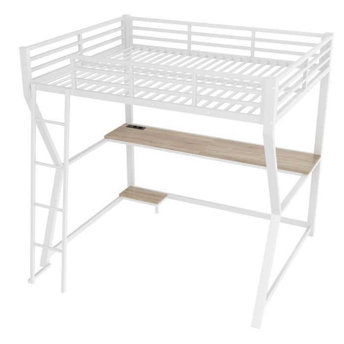 Lit Mezzanine Avec Bureau Intégré, éclairage LED Et Prises - Blanc, 140x200 Cm - Structure Métal + MDF, 3 Tiroirs, étagères, échelle