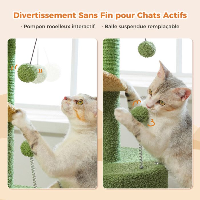Arbre à Chat Forme Cactus - PawHut - Griffoir Sisal, Hamac, Jouets - 40x40x96 Cm - Vert