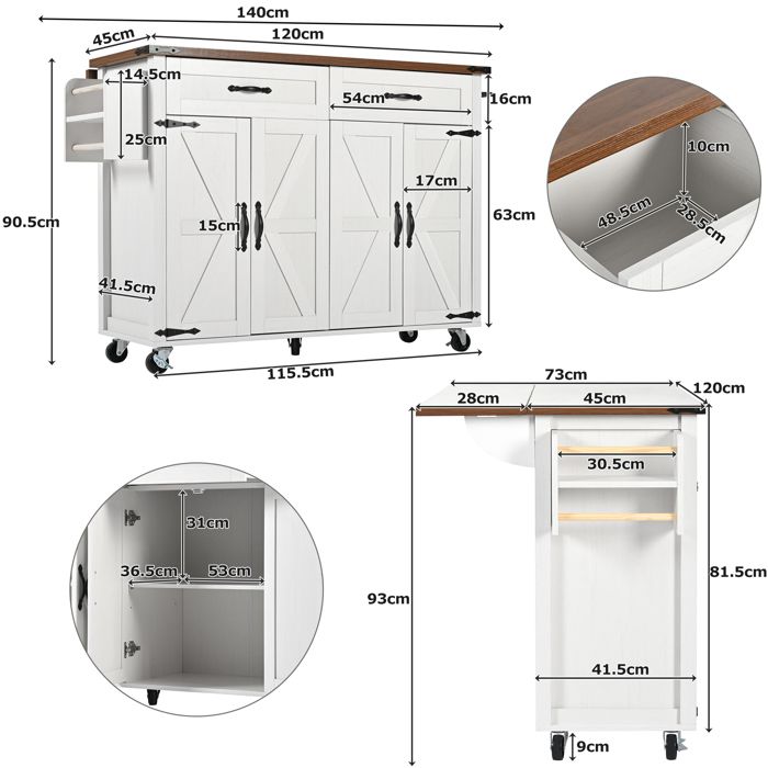Îlot De Cuisine Mobile 118x43x98 Cm - Avec Rangement, Roulettes, Plateau Extensible - 11