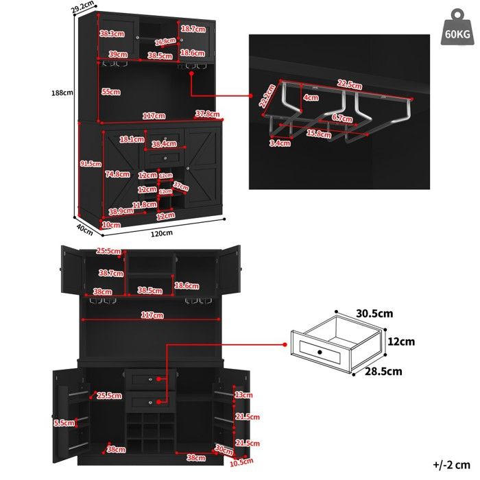 Buffet Haut De Rangement Pour Cuisine/salon - 120x40x188 Cm, 4 Portes, 2 Tiroirs, MDF Noir/blanc
