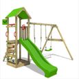 FATMOOSE Aire de jeux Portique bois KiwiKey avec balançoire et toboggan vert pomme Maison enfant extérieure avec bac à sable-0