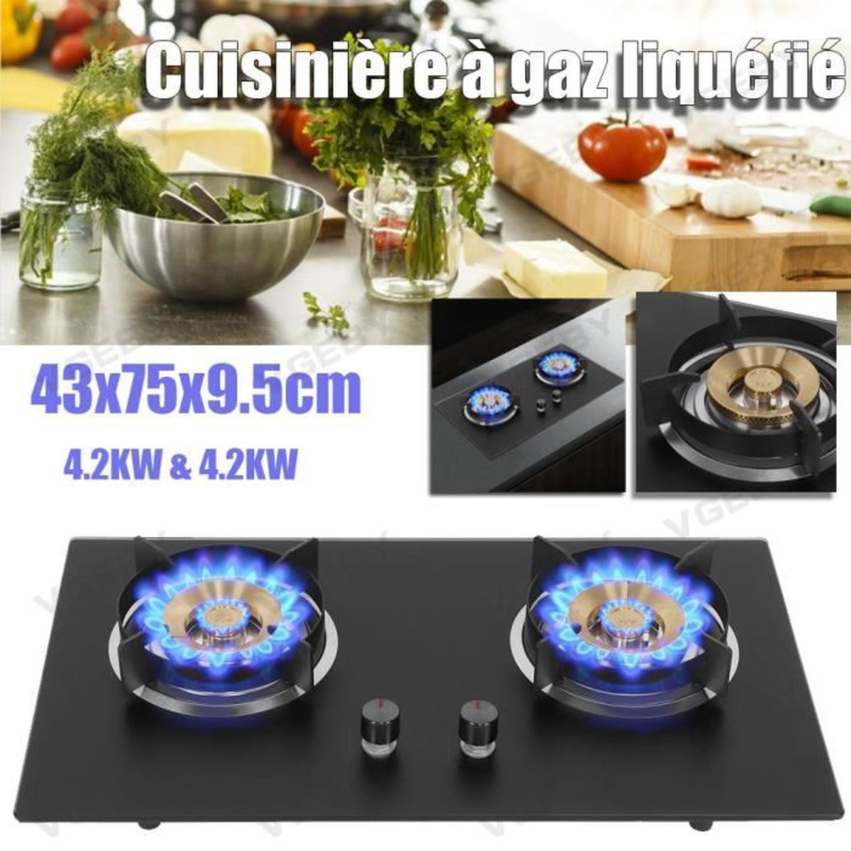 Plaque de cuisson gaz 2 foyers 43x75x9.5cm Revêtement verre