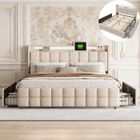 EIFSON Lit adulte 160x200 cm avec LED et ports USB, 4 tiroirs, tissu en lin, cadre de lit double 160x200 cm, beige