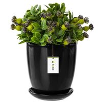 Pot de fleur Noir avec soucoupe Rond dimensions 320 mm x 345 mm Surface brillant céramique glamour moderne