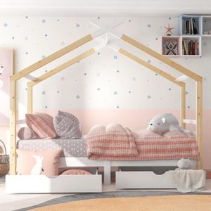 STRUCTURE DE LIT Lit enfant - Style cabane avec tiroirs - 90 x 200 cm - Blanc