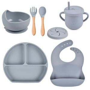 Set Repas Bébé 3 Pièces - Assiette Ventouse Silicone - Couverts Apprentissage - Sans BPA (Orange)