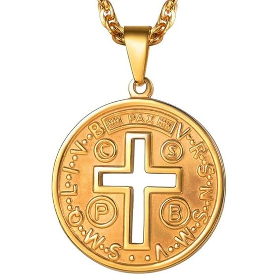 Collier Saint Benoît En Acier Inoxydable Pour Homme - Chaîne Ajustable 55+5cm, Pendentif Rond/ovale, Bijou De Protection