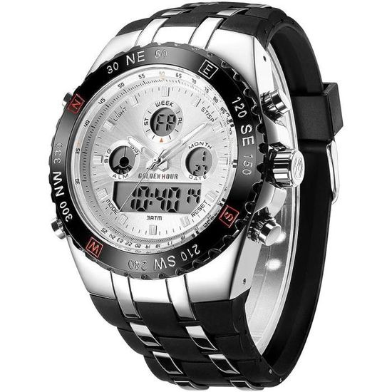 Montre Digitale Sport Homme - Cadran 50 Mm, Bracelet Silicone 260 Mm, Chronomètre, Affichage Date, Étanche