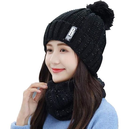 Ensemble Bonnet Et écharpe Unisexe - Doublure Polaire Noire - Chaud Et Confortable