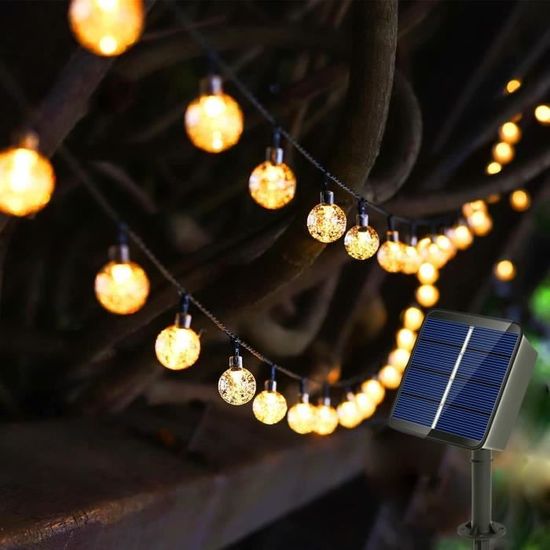 Guirlande Solaire Extérieure 10 Mètres - 40 LED Boules Cristal, 8 Modes, étanche IP65 - Blanc Chaud - Pour Jardin, Terrasse, Fêtes