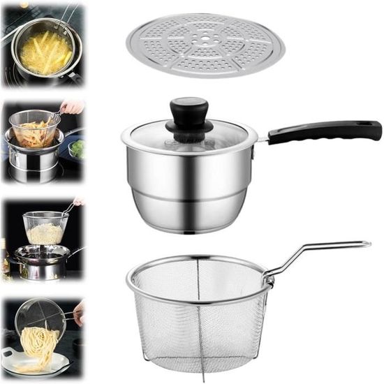 Friteuse Compacte En Acier Inoxydable Avec Panier – Pour Frites, Beignets, Cuisson Vapeur – 19,3x19,3x10 Cm - 12