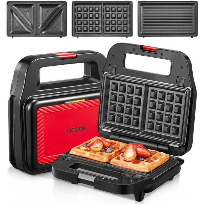 AICOOK Appareil Croque Monsieur - 3 en 1 Mulfunction -750W - Gaufrier Presse à Panini Électrique - Plaques Antiadhésives Amovibles