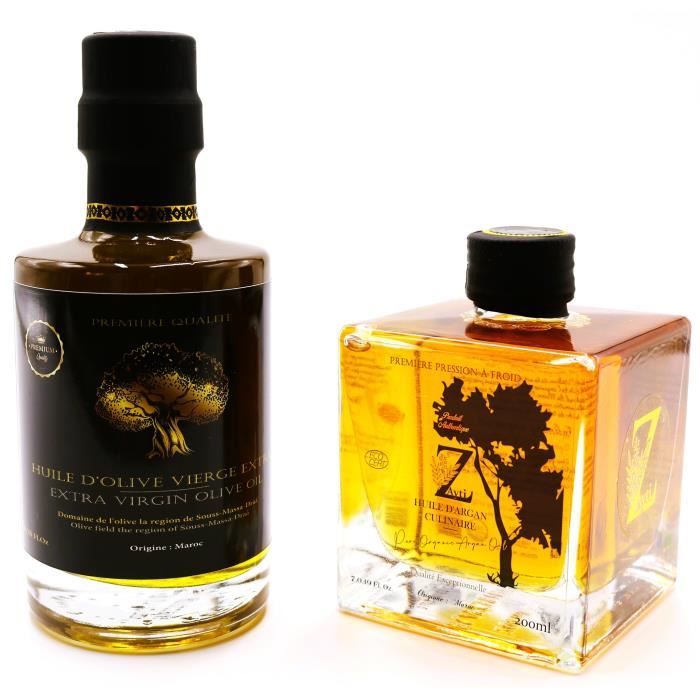 Lot de Deux Bouteilles - 1x Huiles végétales D'argan + 1 x Huile d'olive de La Qualité La Plus Fine 100% Marocaine 200ml.x 2