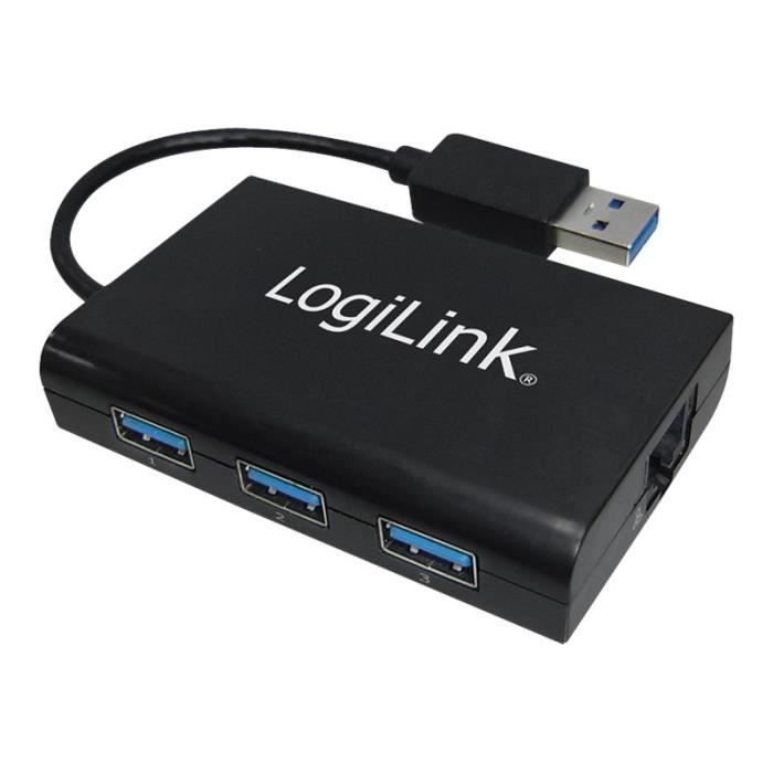 LogiLink USB3.0 3-Port Hub with Ethernet Concentrateur (hub) 3 x SuperSpeed USB 3.0 + 1 x 10-100-1000 Ordinateur de bureau