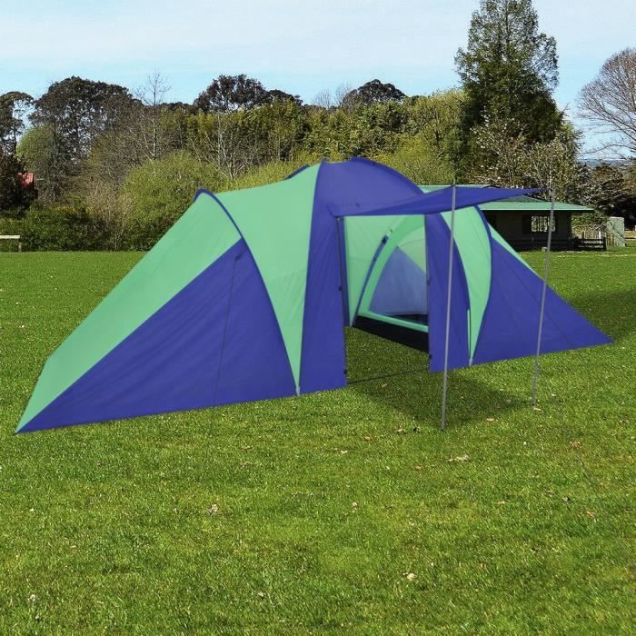 Tente de camping familiale imperméable - 6 personnes - 2 grandes chambres - 2 fenêtres - 480 x 350 x 195 cm - Bleu marin-vert