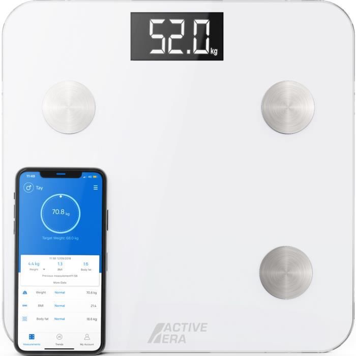 Active Era Pèse-Personne Connecté avec Application mobile (BMI/Muscle/Eau/Graisse Corporelle/Masse osseuse/BMR) - Blanc