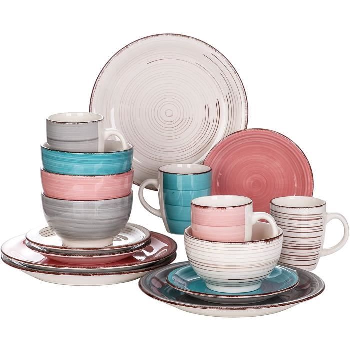 ancasso, Série Bella, Service de Table en Céramique, Assiettes 16 Pièces 4 Personnes, Faïence Style Vintage Rustique