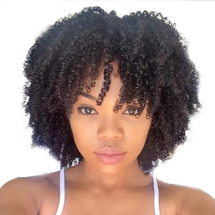 Perruque Bresilien Bouclé Perruque Afro Kinkys naturelle Courte Perruque femme frisée Cheveux humain avec frange Perruques po 59