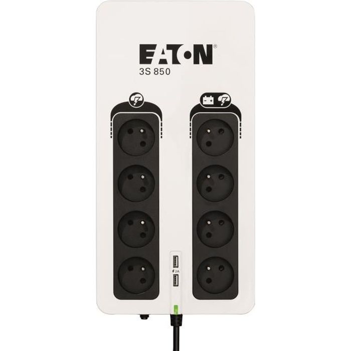 Onduleur/Multiprise/Parafoudre - EATON 3S 850 FR - Off-line UPS - 3S850F - 850VA (8 prises FR + 2 ports de charge USB)