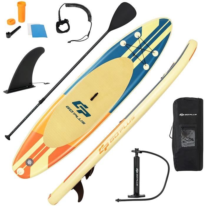 GOPLUS Planche de Surf Gonflable,Stand Up Paddle avec Sac à Dos,Pompe et Pagaie Réglable 160-210CM,Board Gonflable 320x76x15CM Jaune