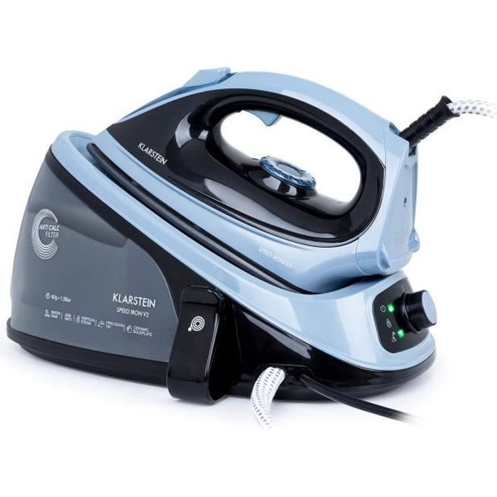 Klarstein Speed Iron V2 Fer à repasser vapeur 2100W - Pression 40g-mn - Réservoir 1100 ml - Semelle Easy Glide - Noir & bleu