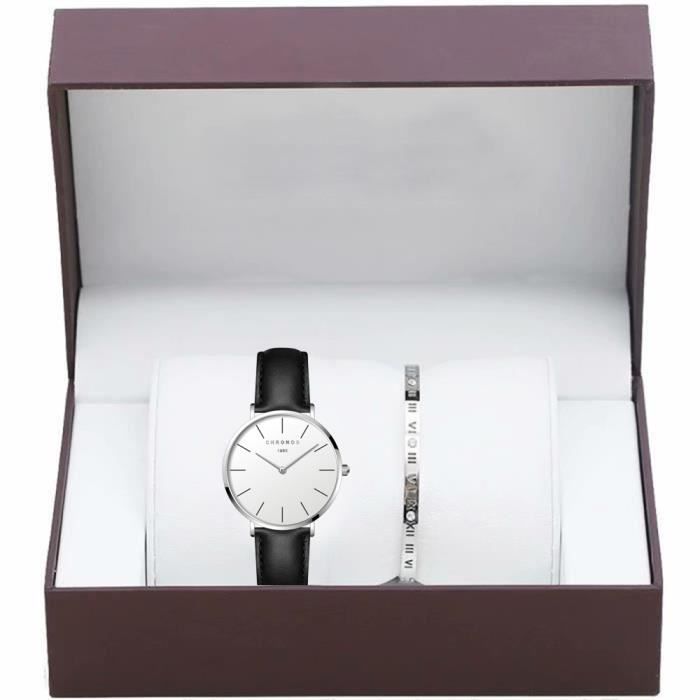 Coffret cadeau montre femme , montre à quartz élégante + bracelet de luxe - bracelet noir - cadran blanc