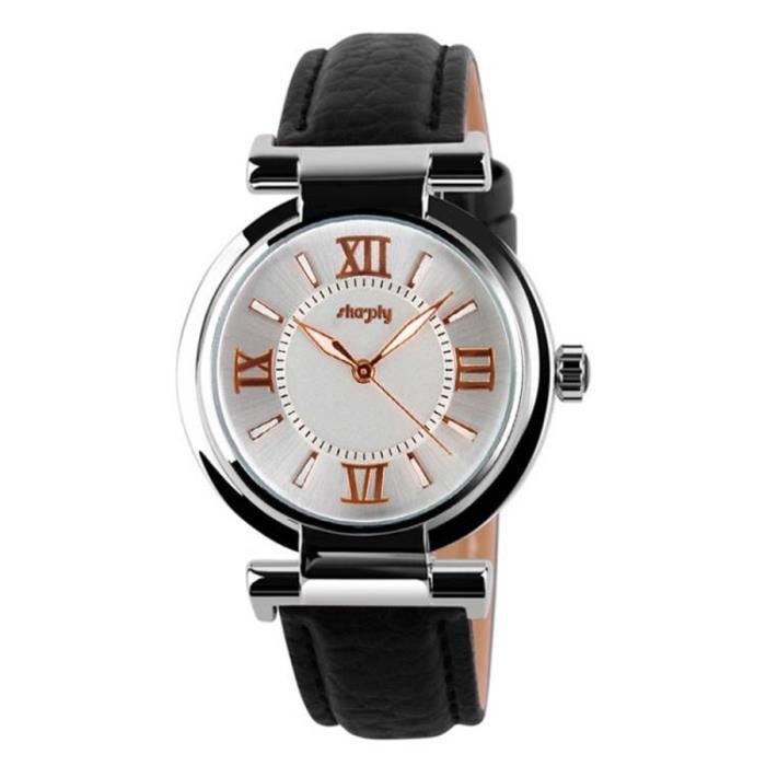 SHARPHY Mode Montre luxe Femme de marque étanche chiffres romains quartz Bracelet en Cuir Noir Meilleure Qualité