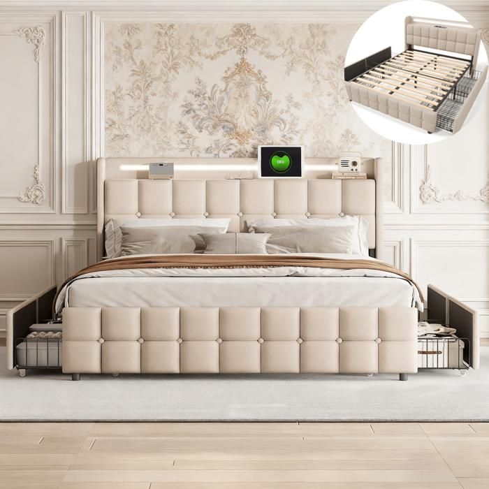 Lit adulte 160x200 cm avec LED et ports USB, 4 tiroirs, tissu en lin, cadre de lit double 160x200 cm, beige