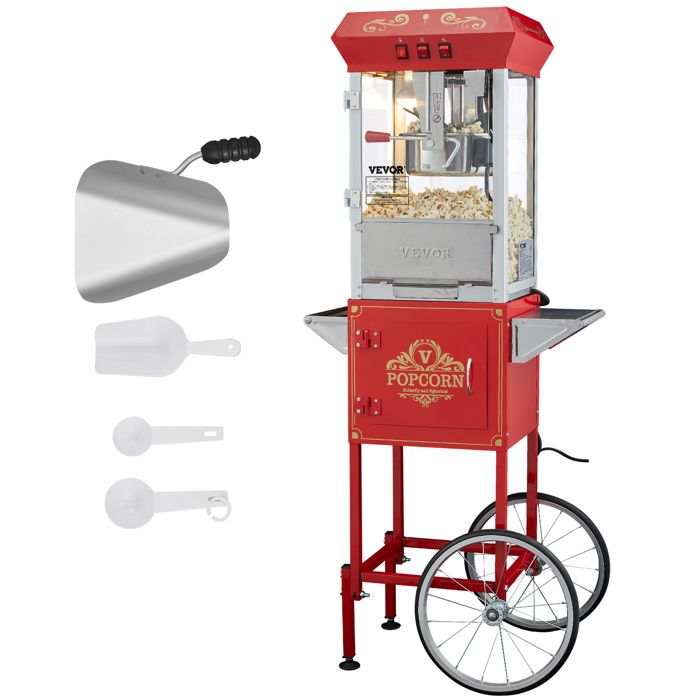 Machine à Pop Corn avec Chariot-VEVOR-Grand Bol de 227 g pour 48 Tasses par Lot avec Verre Trempé 4 Cuillères -Rouge
