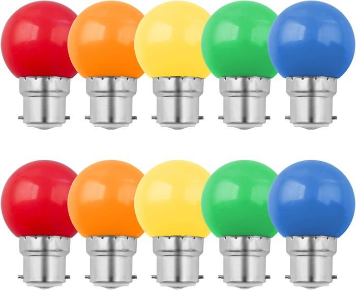 Lot de 10 Ampoule Couleur LED B22 1W Ampoule à Baïonnette Colorées Ampoule G45 Mini Globe Rouge Vert Bleu Orange Jaune