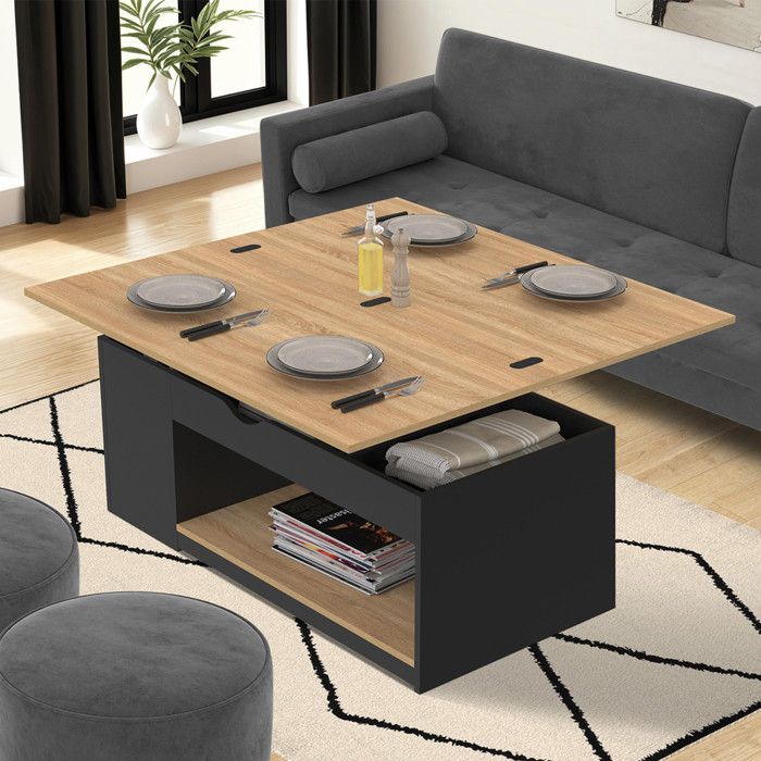 IDMARKET Table basse plateau relevable rectangulaire convertible en table à manger ELEA 100 cm bois noir et façon hêtre IDMARKET Table basse plateau relevable rectangulaire convertible en table à manger ELEA 100 cm bois noir et façon hêtre