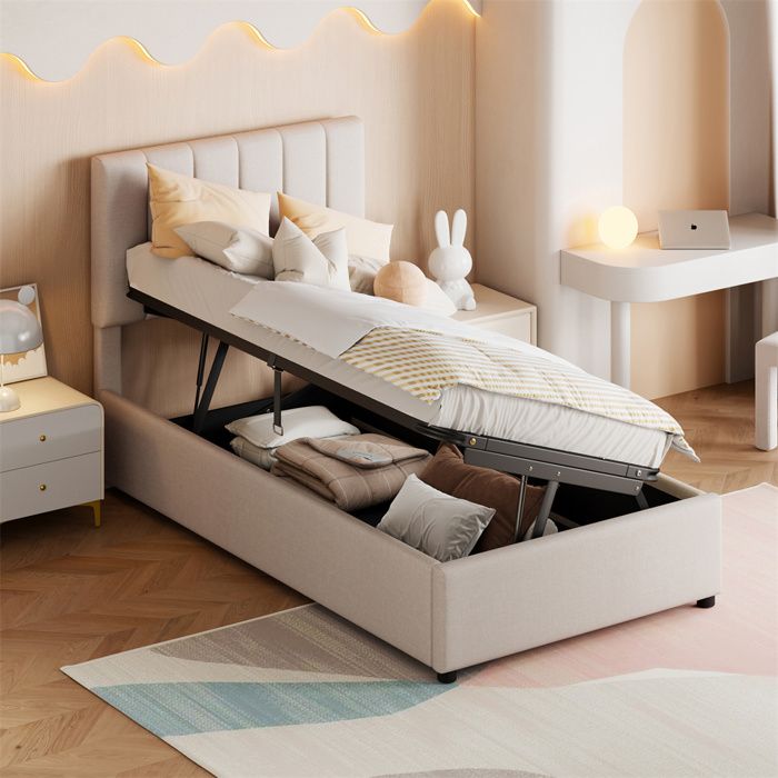 Lit enfant capitonné 90x200 cm beige — coffre de rangement hydraulique sommier à lattes inclus sans matelas