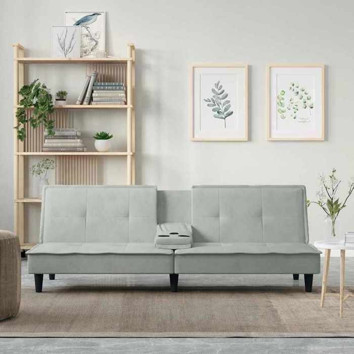 BEWI®Canapé-lit/Sofa Bed - 2 PERSONNES - clic-clac avec porte-gobelets gris clair velours &FR66916