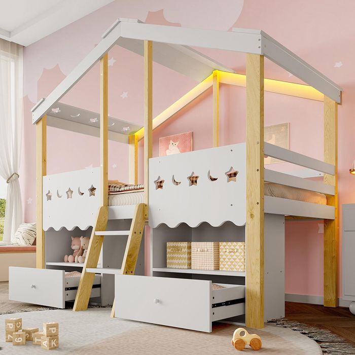 Lit mi-hauteur - Modèle Maison 90x200 - 2 tiroirs - LED intégrée - Pin/MDF capacité 120 kg