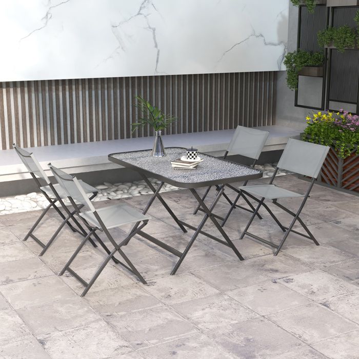 Ensemble de jardin 4 chaise + 1 table salon de jardin 5 pièces pilables chaises textilènes plateau en verre trempé gris