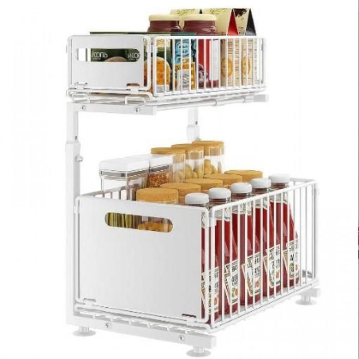 Étagère Sous Évier 2 Étages Avec 4 Crochets - Organiseur Cuisine Et Meuble De Nettoyage, Gain De Place Intelligent