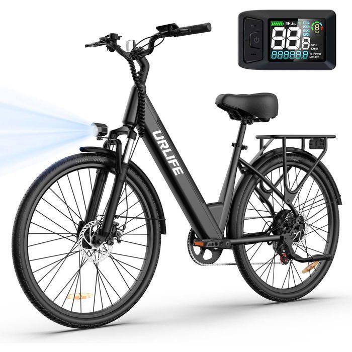 URLIFE E26 Vélo électrique 26“ - Moteur 350W Batterie 48V 10.4Ah - Max Autonomie 100km - Shimano 7 vitesses - Freins à disqueNoir