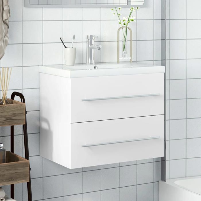 Armoire lavabo de salle de bain - vidaXL - Blanc - Bois dingénierie - 60x38 5x48 cm - Vasque en céramique - 61x39x18 cm