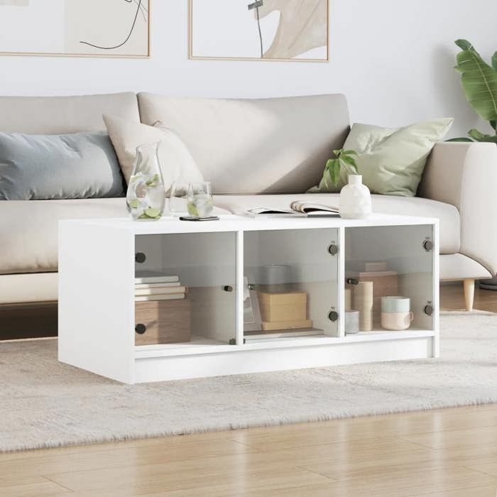 Table basse avec portes en verre - vidaxl - Blanc - 102x50x42 cm - Bois dingénierie - Capacité 80 kg
