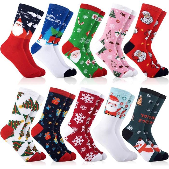 Pack 12 Paires De Chaussettes De Noël - Motifs Festifs Et Humoristiques - Cadeau Idéal Pour Hommes, Femmes, Enfants - Taille Unique En Coton Doux - 9