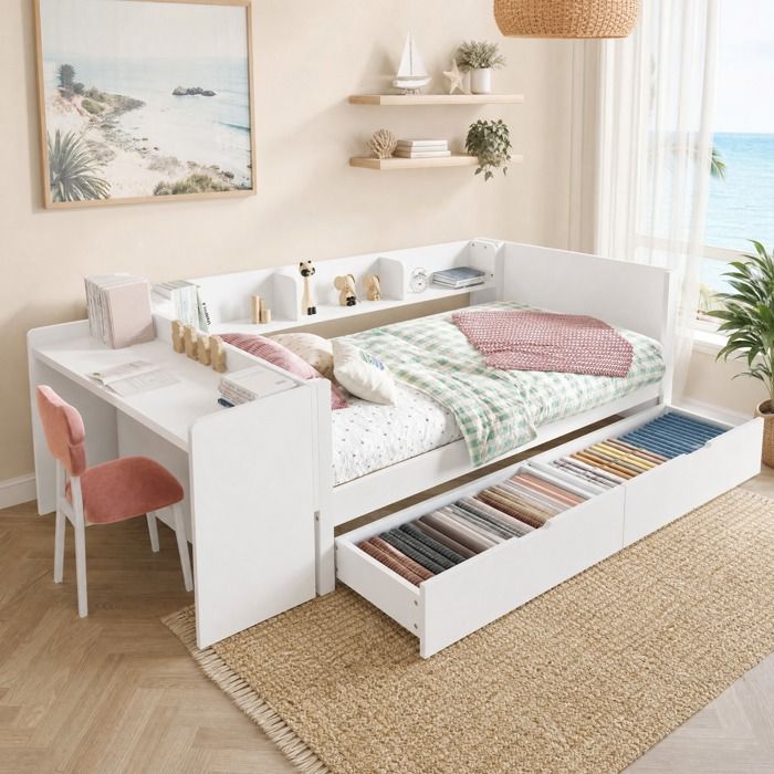 Lit combiné 1 place 90x200 cm EVRYAE avec bureau 2 tiroirs et 3 étagères blanc pin et panneaux de particules