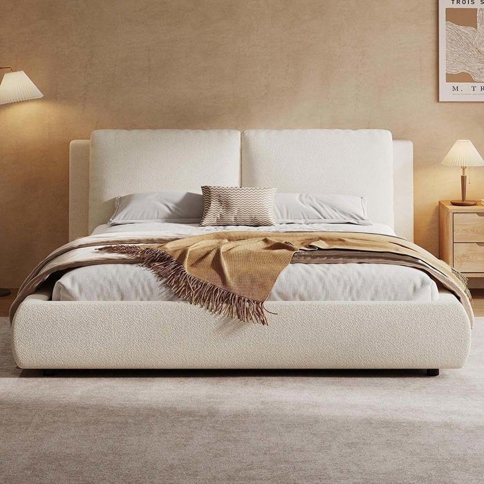 Lit double - Structure 180 x 200 cm - Rangement hydraulique - Sommier à lattes - Tissu bouclé beige