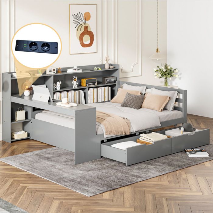 Lit double multifonction gris 140×200 cm avec bureau rangements sommier inclus structure solide