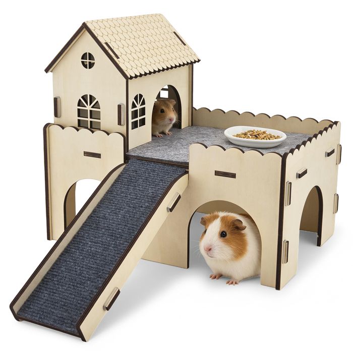 Comparer les prix de Cachette pour cochon dInde - Jouet en bois pour cochon dInde - Avec escalier et tapis - 2 animaux - Pour hamsters lapins02