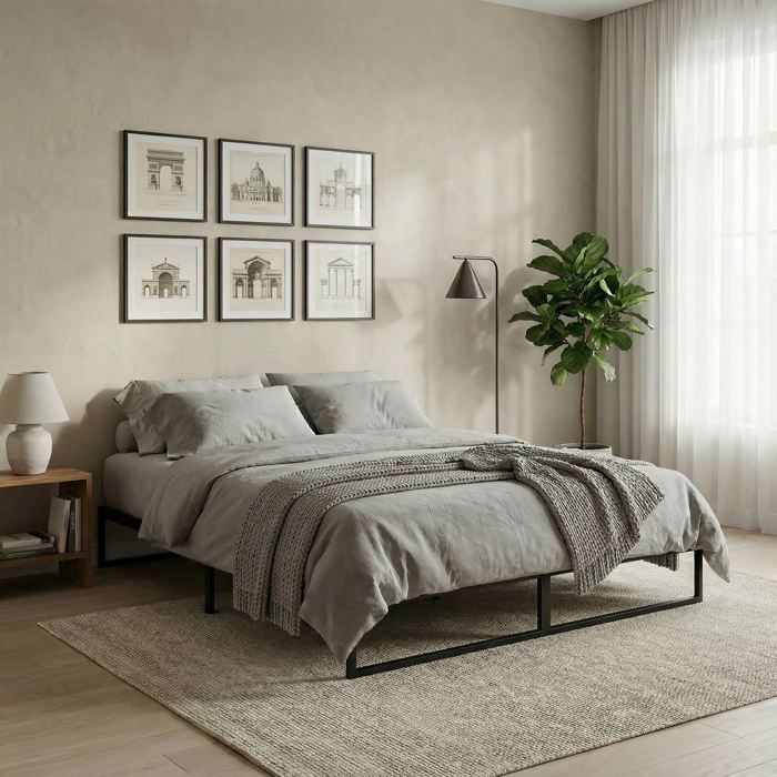 Lit Double SOVE 140 x 190 cm Noir Structure en Métal Cadre Renforcé Sommier Intégré Style Industriel Minimaliste