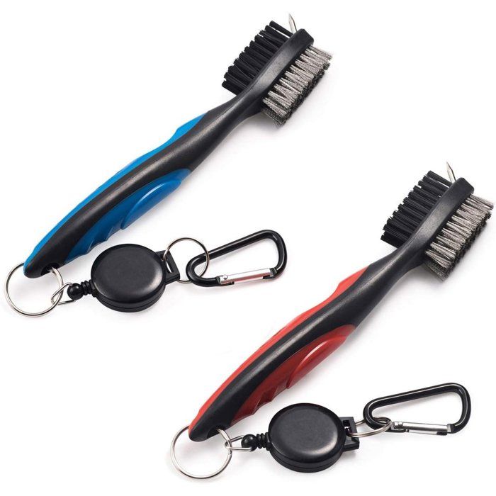 Brosse de nettoyage pour rainures de clubs de golf - Lot de 2 avec câble rétractable et mousqueton aluminium