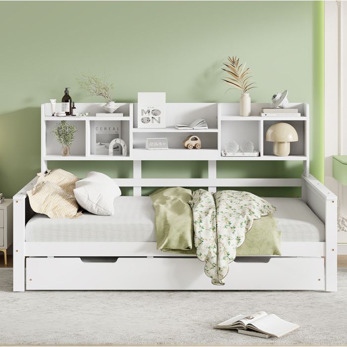 Lit gigogne blanc 90×200 cm avec lit tiroir 90×190 cm rangement intégré sommier inclus montage requis