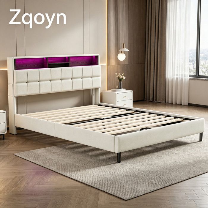 Lit double rembourré 160x200 cm velours beige avec sommier à lattes Lit Coffre 2 ports USB/Type-C Zqoyn
