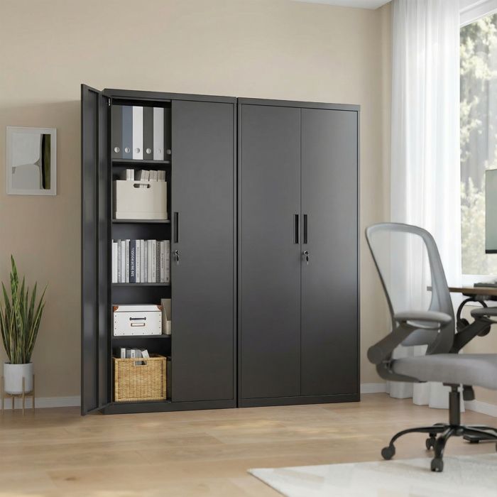 Armoire de bureau 40 x 80 x 180 cm 5 niveaux portes doubles serrure étagères réglables noir mat Armoire de bureau 40 x 80 x 180 cm 5 niveaux portes doubles serrure étagères réglables noir mat