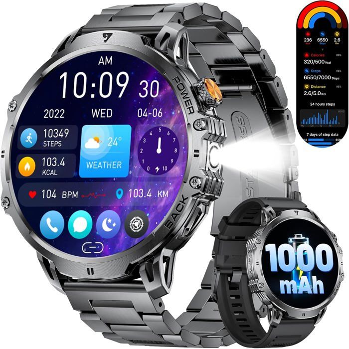 Montre Connectée Homme 1 85 HD Batterie 1000 mAh Lampe LED Cardio Sommeil 110+ Sports IP68 Noir Montre Connectée Homme 1 85 HD Batterie 1000 mAh Lampe LED Cardio Sommeil 110+ Sports IP68 Noir